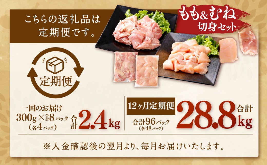 【12回定期便】鹿児島県産銘柄鶏・さつま純然鶏 若鶏もも・むね切身（300g×各4パック×12回 合計28.8kg）もも肉 むね肉 鶏肉 JSR-114