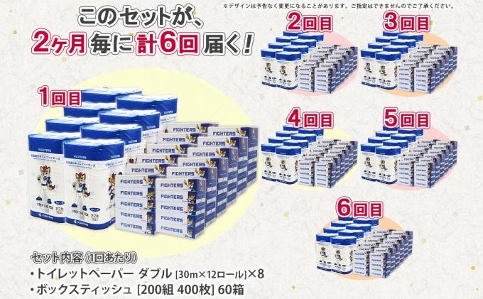 定期便 2ヵ月毎 全6回 北海道 日本ハムファイターズ トイレットペーパー ダブル 30ｍ巻き 96ロール ボックス ティッシュ セット 日本製 香りつき まとめ買い リサイクル 防災 常備 消耗品 