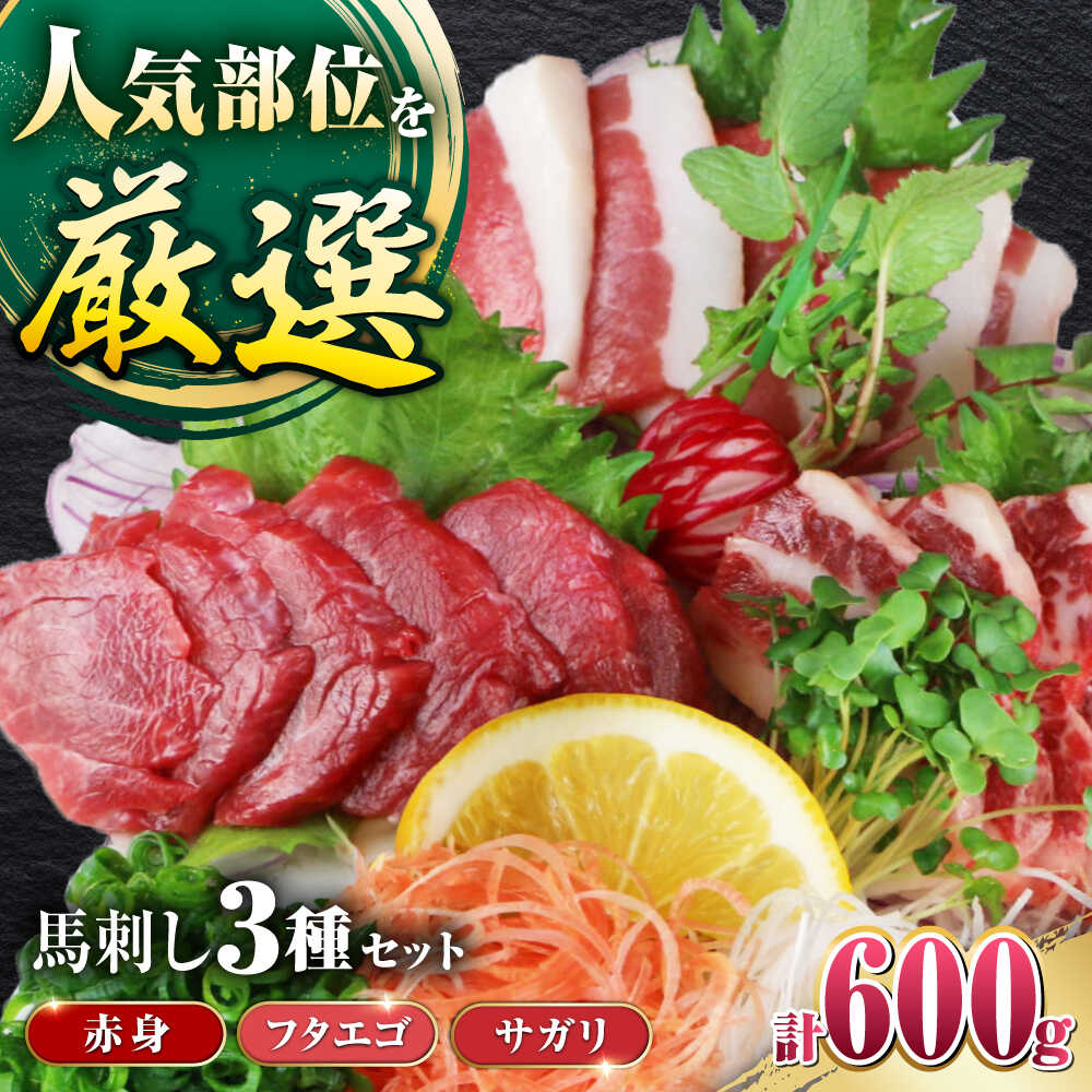 【ふるさと納税】馬刺し3種(赤身・フタエゴ・サガリ)計600g 小袋醤油付き 馬刺し 熊本 国内肥育【山都町（阿蘇牧場）】[YDF072]