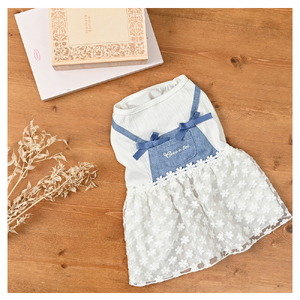 フラワーレースサロペットワンピース  デニム 花柄レース ドッグウェア 小型犬【ココアトワ(cocoAtoi)】 Ｌ