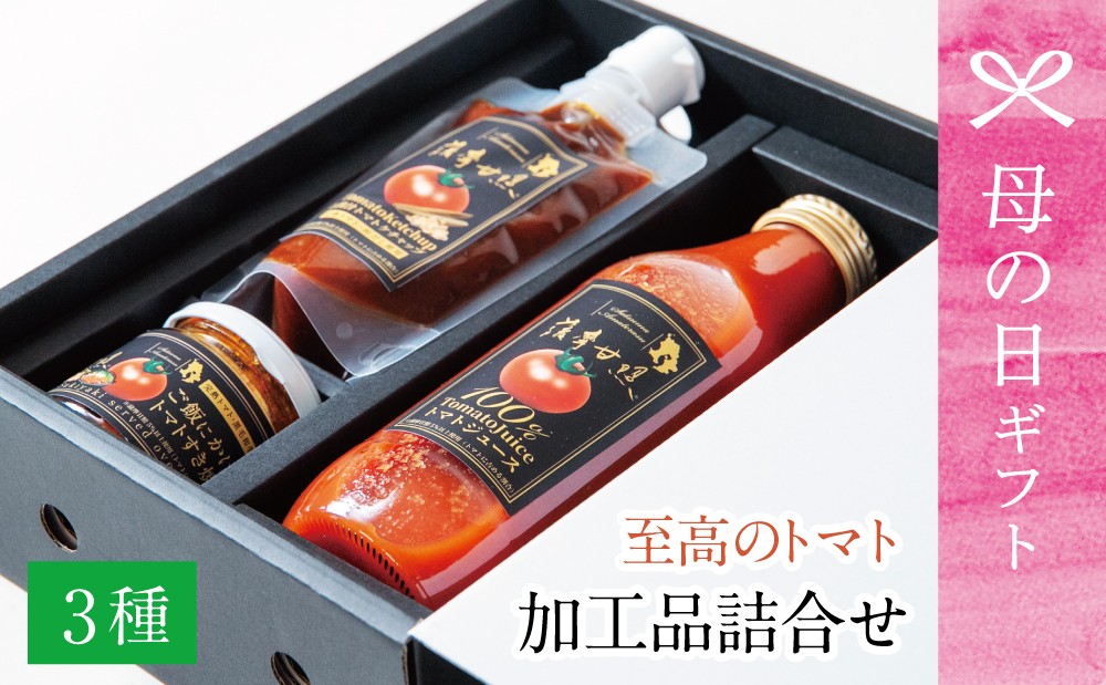 
                  【母の日ギフト】至高のトマト加工品詰合せ ［3種類］ 南国 フルーツトマト 薩摩甘照 さつまあまてらす トマトジュース トマトケチャップ 濃厚 コク 甘み 天然素材 とまと 野菜 飲料 ドリンク 化粧箱入り 高槻電器工業 南さつま市 贈り物 ギフト 贈答用
                