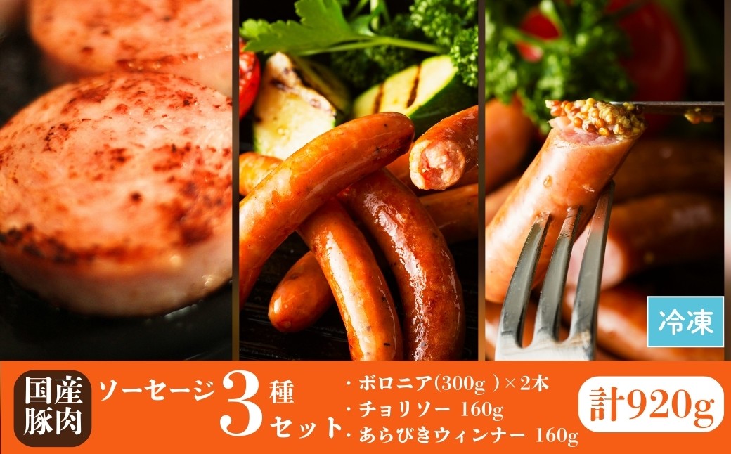 
            国産豚肉 ソーセージ3種セット 920g (ボロニア300g×2本 / チョリソー160g / あらびき160g) | ウィンナー ギフト 贈答用 国産 豚肉 冷凍 福相食品工業 福島 南相馬
          