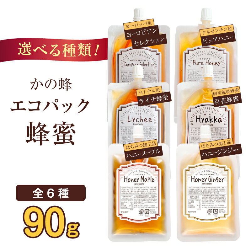 【ふるさと納税】【選べる6種類】かの蜂 蜂蜜 エコパック （百花蜂蜜・ピュアハニー・ヨーロピアンセレクション・ライチ蜂蜜・ハニーメープル・ハニージンジャー）メール便 はちみつ ハチミツ コク 便利 トースト ヨーグルト 福岡県 八女市 ポスト投函 簡易包装 訳あり