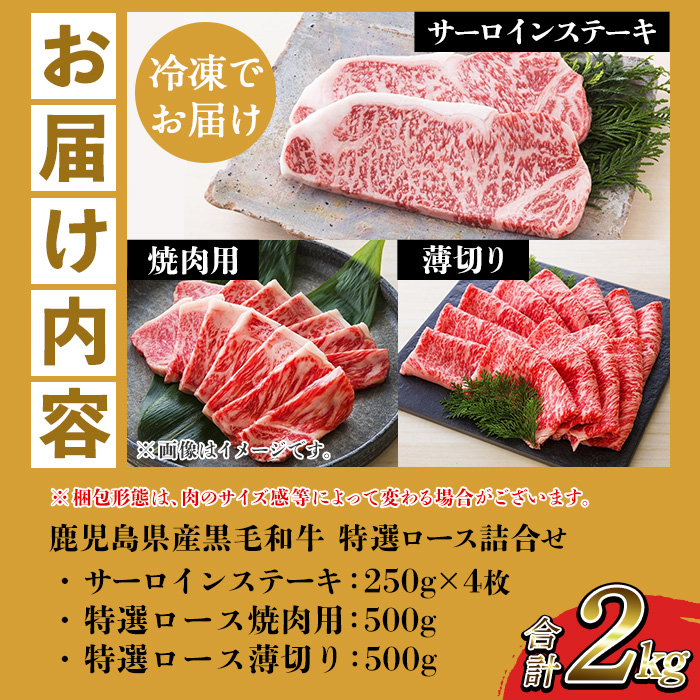 鹿児島県産黒毛和牛 ＜A4等級以上＞サーロインステーキ・特選ロース焼肉用/薄切り (3種・合計2kg) 牛肉 黒毛和牛 国産 九州 鹿児島県産 サーロイン ステーキ ロース 焼肉 焼き肉 すき焼き し