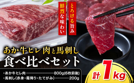 あか牛 ヒレ肉 800g(6枚前後)・馬刺し 200g 食べ比べセット 合同会社たべたせいか《30日以内に出荷予定(土日祝除く)》牛肉 和牛 ステーキ用ヒレ肉 フィレ 馬肉 赤身 霜降り たてがみ 馬刺し 熊本県産 送料無料