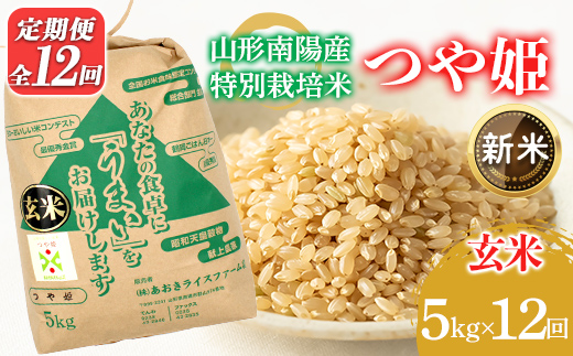 【令和8年産 新米 先行予約】 【金賞受賞農家】 《定期便12回》 特別栽培米 つや姫（玄米）5kg×12か月 《令和8年9月下旬～発送》 『あおきライスファーム』 山形南陽産 米 玄米 ご飯 農家直送 山形県 南陽市 [2630-R8A]