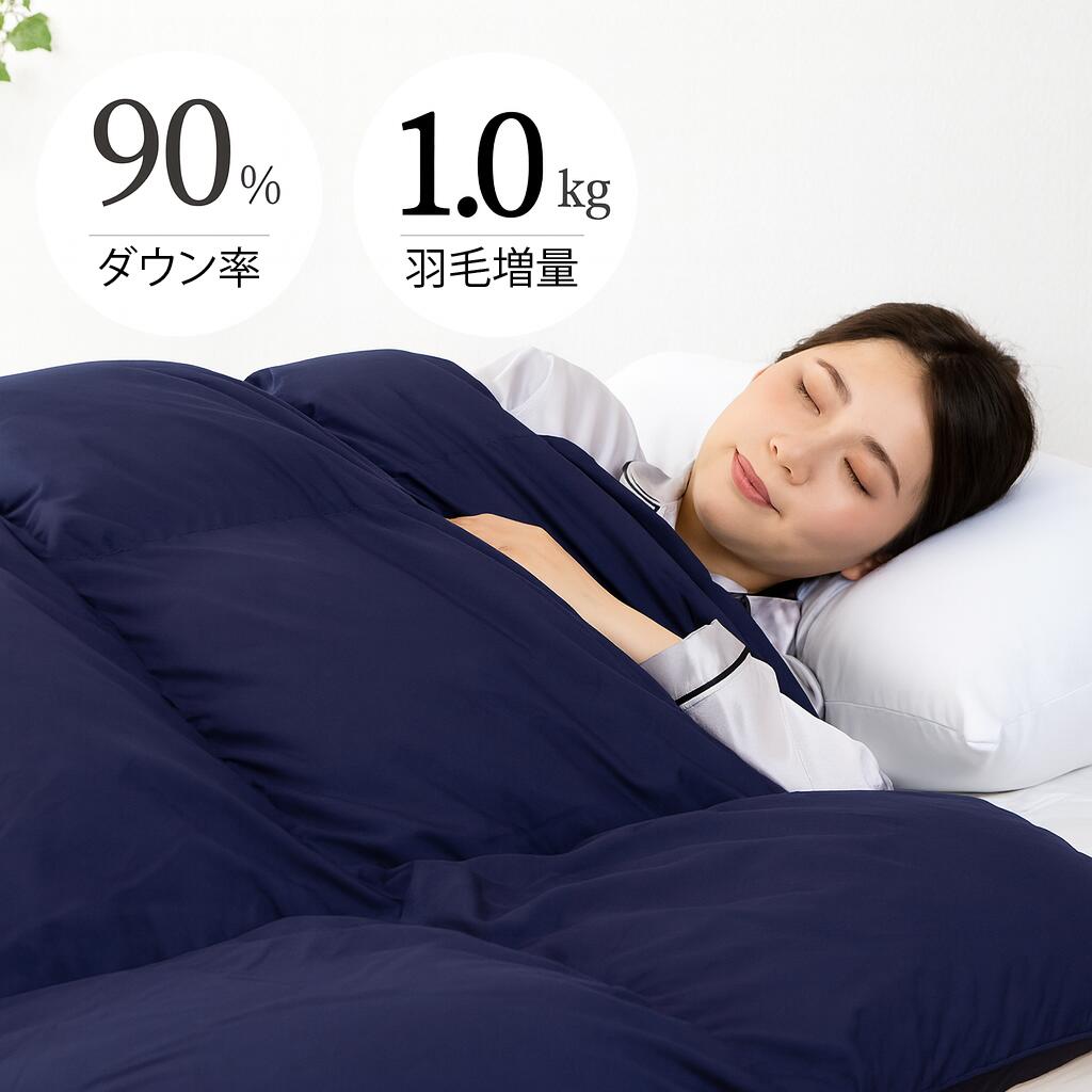 【ふるさと納税】羽毛掛け布団 シングル 日本製 無地ネイビー ダウン90% 1.0kg 立体スクエアキルト 8か所ループ付き 抗菌 防臭 消臭 パワーアップ加工 かけ布団 肌布団 軽い ふっくら ふんわり 爽やか 防ダニ 保温 暖かい