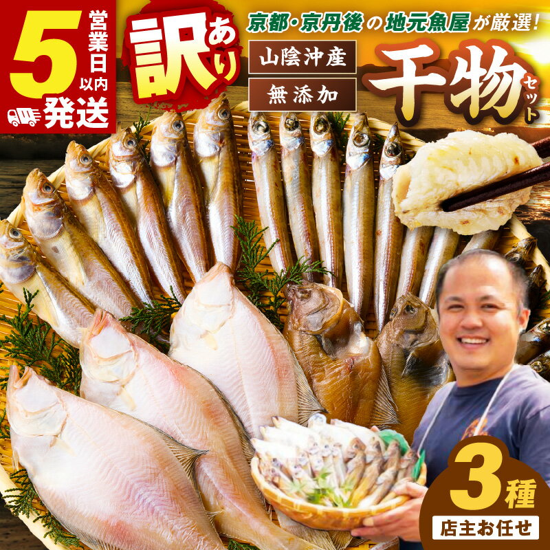 【ふるさと納税】訳あり【5営業日以内発送】京丹後の地元魚屋が作ったお任せ干物セット（冷凍） 人気 3種 国産 日本海 カレイ 沖キス ハタハタ カマス ノドグロ のどぐろ ふるさと 納税 干物 7000円