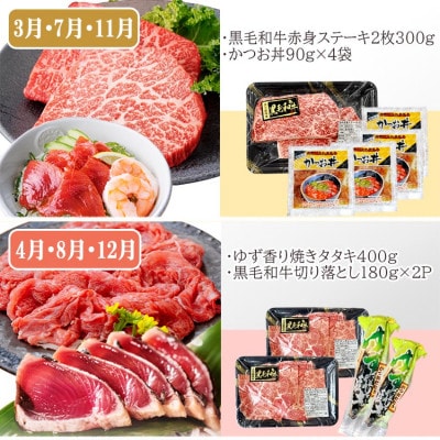 定期便(4回配送)黒毛和牛＆まぐろ・かつお・さつま揚げ EE-0046【配送不可地域：離島】