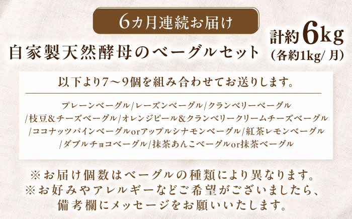 【全6回定期便】自家製天然酵母のベーグルセット 計約6kg（約1kg×6回） / 定期便 ベーグル セット / 佐賀県 / パンと器のコネル [41AJAB005]