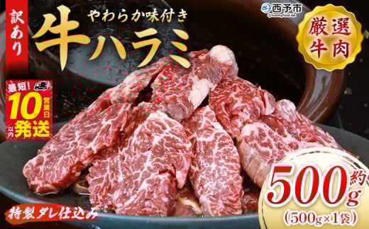 ＜秘伝の特製タレ仕込み！やわらか味付き 牛ハラミ 約500g（500g×1）＞ 訳あり はらみ ハラミ 赤身 大容量 牛肉 お肉 焼肉 BBQ 味付き タレ漬け 甘辛 レシピ 丼 献立 惣菜 おかず 簡単 グルメ 株式会社丸和 愛媛県 西予市【冷凍】『最短10営業日以内に順次出荷』