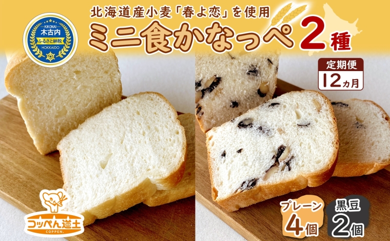 定期便 12ヵ月 北海道 ミニ食かなっぺ 2種 セット プレーン 4個 黒豆 2個 北海道産 小麦 春よ恋 食パン パン トースト カナッペ 手作り 自家製 焼きたて ベーカリー 朝食 手軽 時短 冷