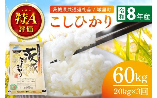 【10月より順次発送】3ヶ月定期便 令和8年産 新米 茨城県産こしひかり 計60kg（20kg×3回）（茨城県共通返礼品/城里町）特A評価 数量限定 お米 こめ コメ ごはん 精米 こしひかり コシヒカリ 単一米 安心 安全 白米 生産者直送 高評価 桂農産 茨城県産 水戸市（IH-2160）