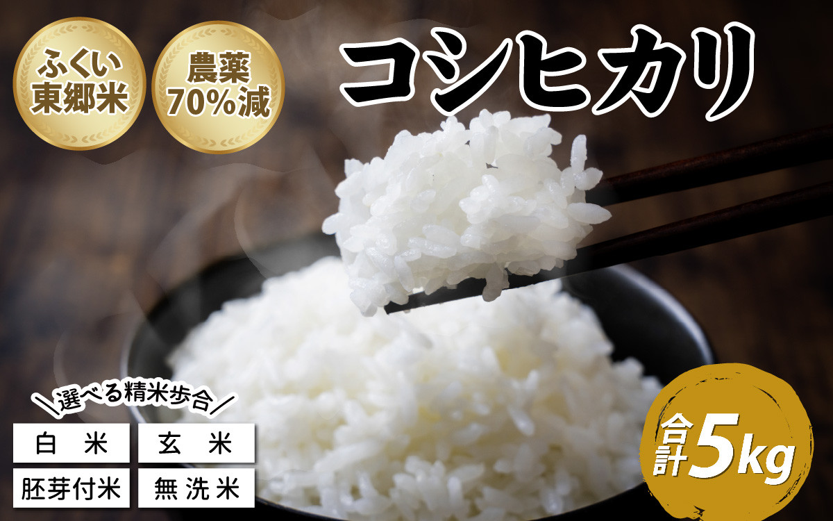 
令和5年産 ふくい東郷米 特別栽培米 農薬70％減 コシヒカリ 5kg [A-020026] / 5キロ 福井 米 お米 コメ 白米 玄米 精米 無洗米 胚芽付米 分つき米 げんまい むせんまい 令和五年産 令和5年 こしひかり こめ ご飯 真空 袋 国産 送料無料 おすすめ 人気 大人気
