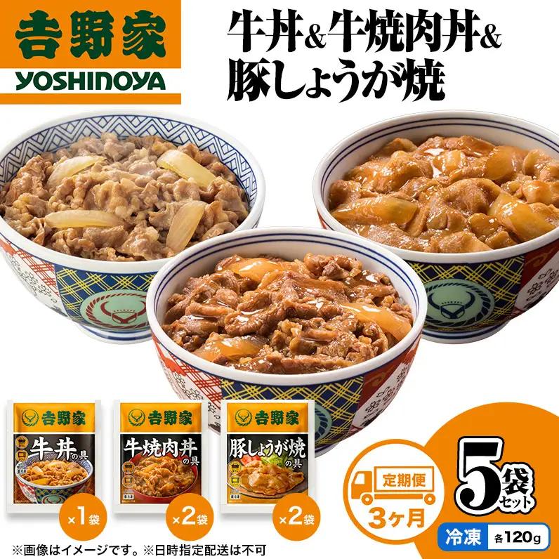 【定期便 3か月】吉野家 牛丼&牛焼肉丼&豚しょうが焼 5袋セット（冷凍） 牛丼 レトルト 非常食 防災食 お楽しみ 新潟
