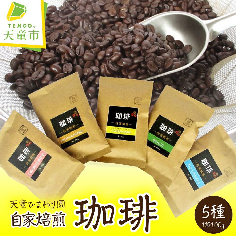 【ふるさと納税】 天童ひまわり園 自家焙煎 コーヒー 5種類セット 支援品 珈琲 コーヒー豆 セット 飲料 ブレンド キリマンジャロ コロンビア ブラジル グァテマラ 100g × 5種類 お取り寄せ ご家庭用 プレゼント 送料無料 天童ひまわり園 【 山形県 天童市 】