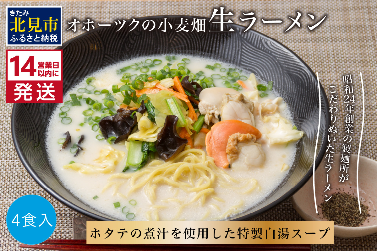 《14営業日以内に発送》【北海道産小麦100％使用】津村製麺所がつくる 生ラーメン オホーツクの小麦畑 ※ほたて白湯味4食入り ( ラーメン 帆立 ほたて ホタテ 麺 北見市 )【003-0029】