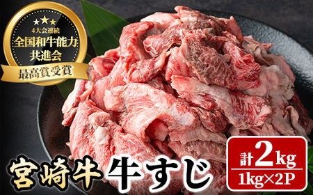 宮崎牛 牛すじ(計2kg・1kg×2P) 希少部位 BBQ 牛肉 肉 ブランド牛  冷凍 国産 精肉 お取り寄せ 黒毛和牛 宮崎県 【LJ017】【レグセントジョイラー株式会社】