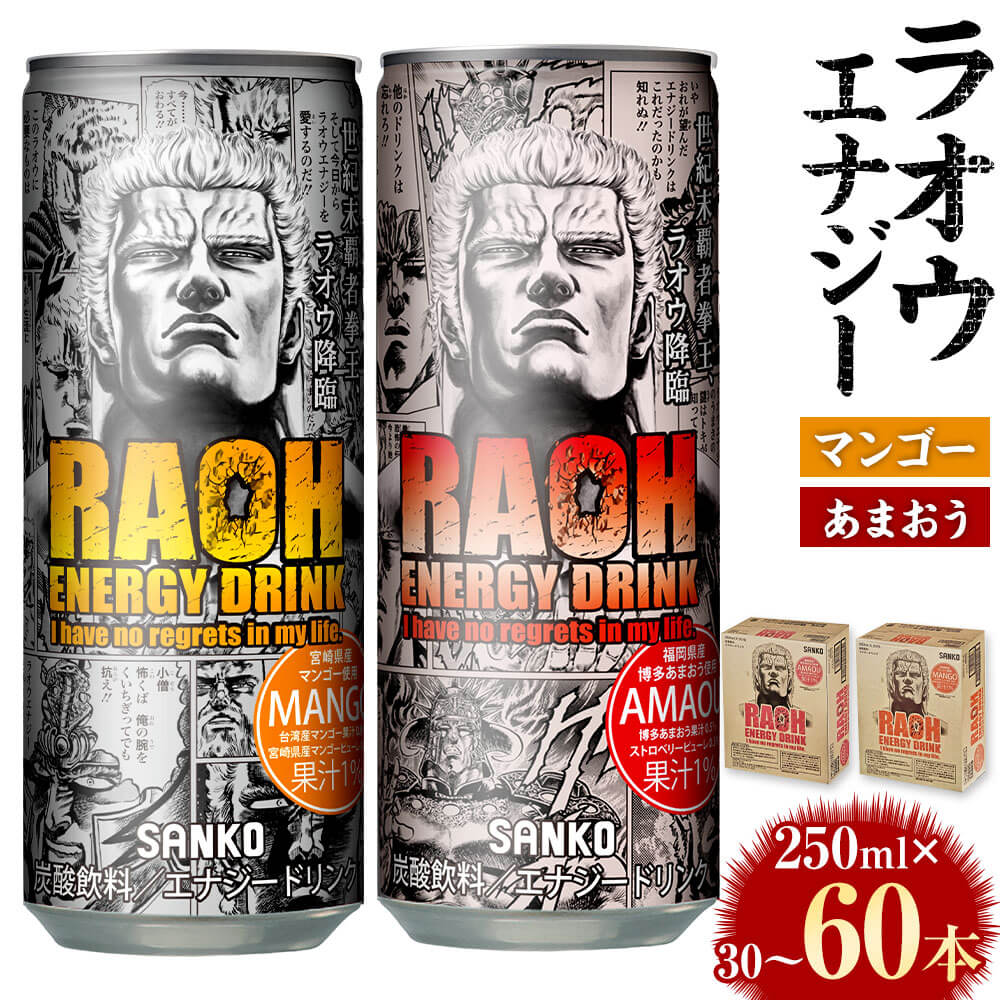 【ふるさと納税】＜選べる味・容量＞ラオウエナジー 「北斗の拳」コラボ エナジードリンク【マンゴー／あまおう／あまおう＆マンゴー】1ケース（30本入り）2ケース（60本） 1本250ml 飲料 ドリンク 炭酸 フレーバー 缶 ラオウ キャラクター 福岡県 太宰府市 送料無料