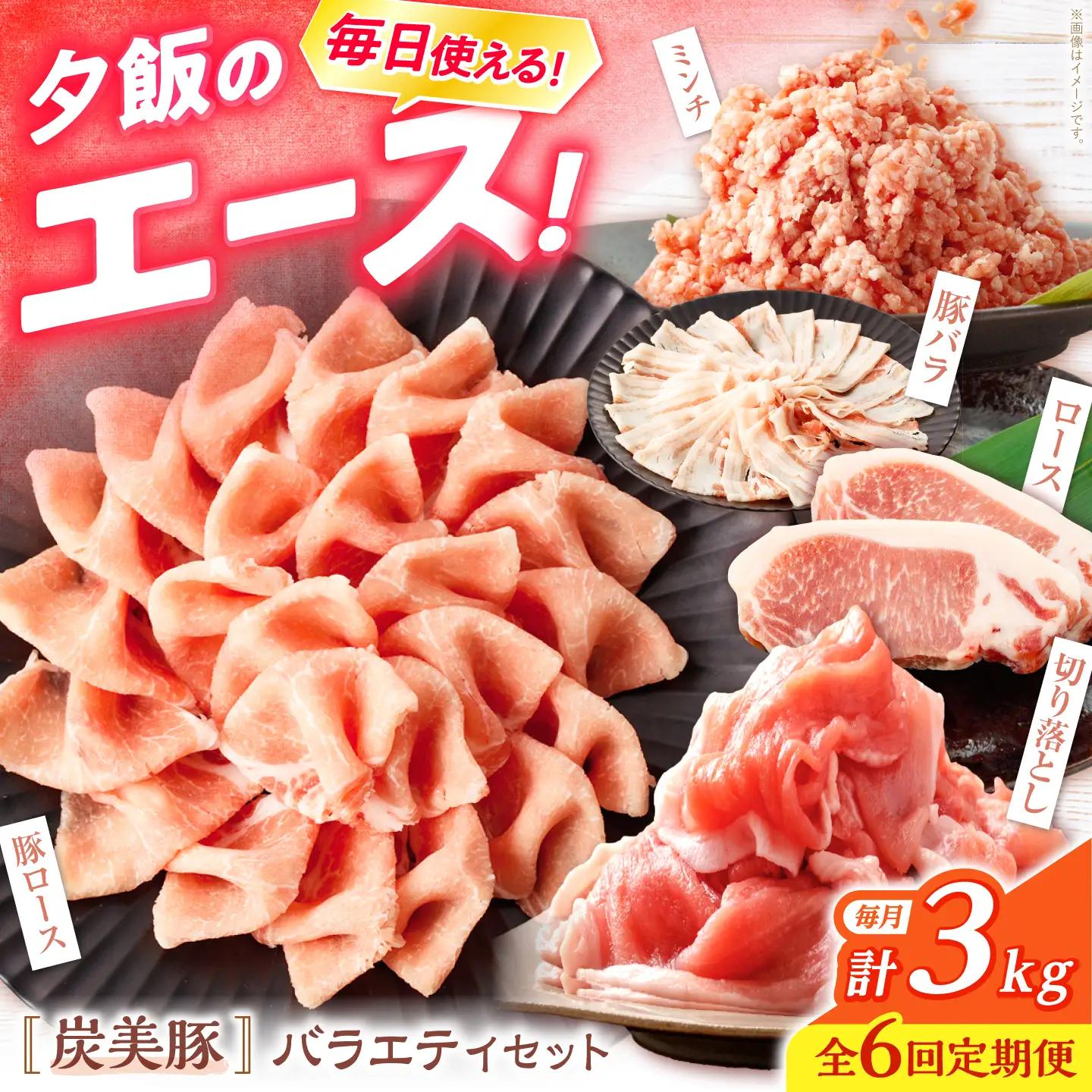 【6回定期便】 西海市産 「炭美豚」 豚肉詰め合わせ バラエティセット 計3kg (5種)＜宮本畜産＞ 豚肉 セット 豚 便利 しゃぶしゃぶ 切り落とし バラ ロース 冷凍 国産 料理 使いやすい 甘い 塊 ブランド豚 ポーク 長崎 西海[CFA095]