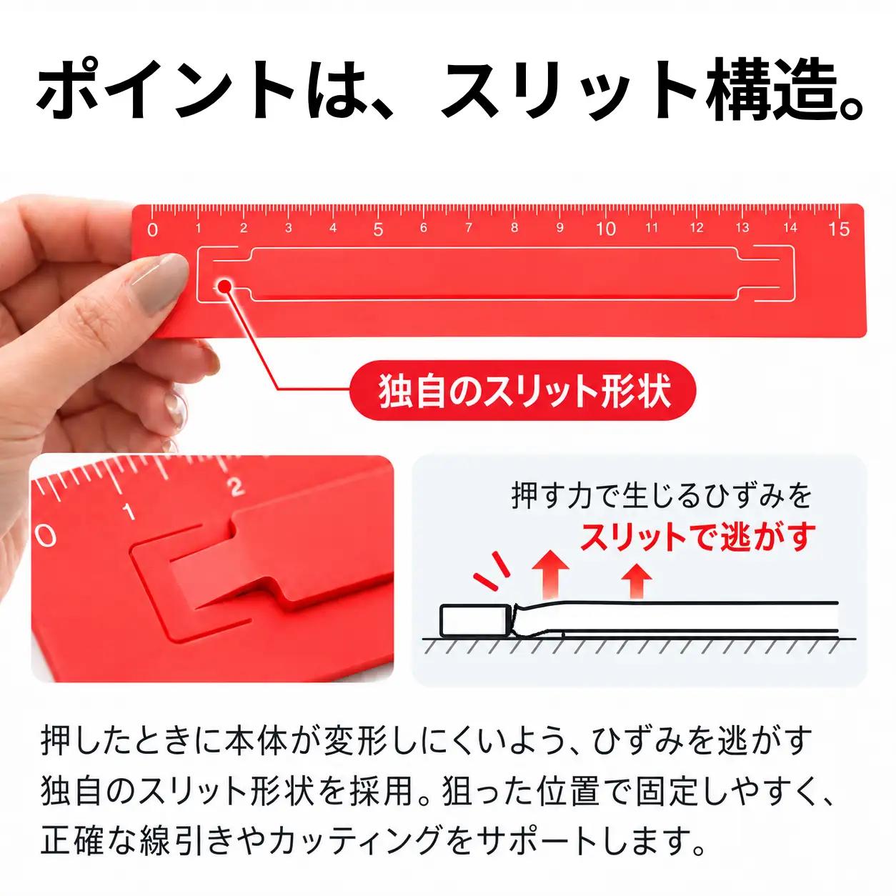 ずれない定規 スリットルーラーP15cm ロゴ有ローズピンク 定規 文房具