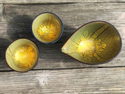 【ガラス工芸品】ガラス黒薩摩 桜島灰酒器(片口・盃2個)(宮澤ガラス/130-1039)