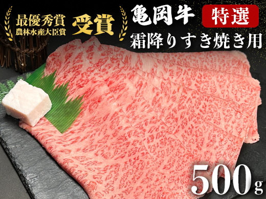 
＜亀岡牛専門店（有）木曽精肉店＞「亀岡牛特選霜降り すき焼き 用 」500g ※冷凍（冷蔵も指定可）
☆祝！亀岡牛 2021年最優秀賞（農林水産大臣賞）受賞
