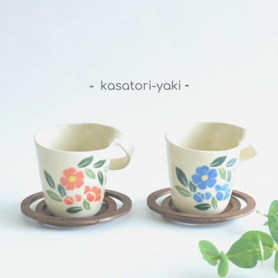 ふるさと納税 宇治市 宇治笠取焼き　ペアマグカップ(赤花・青花)&amp;コースターセット