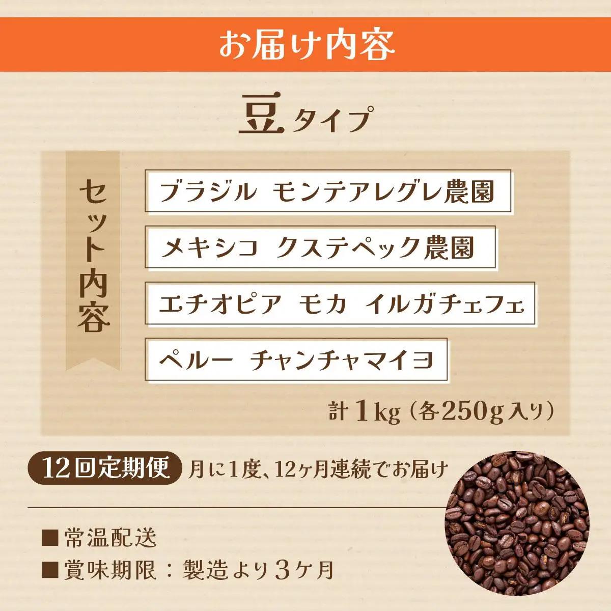 ＜定期便・全12回＞申込後に自家焙煎！魅惑のスペシャルティ コーヒー 4種セット【豆】1kg