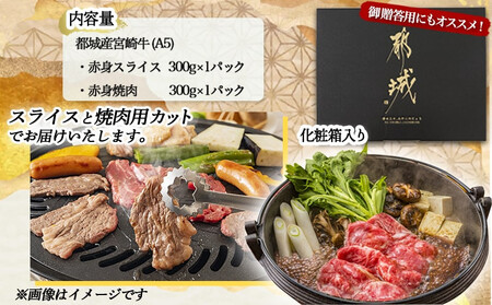 【敬老の日】宮崎牛(A5)赤身600gセット【化粧箱入り】≪9月11日～15日お届け≫_AC-0107-KG_(都城市) 宮崎牛 牛肉 赤身 スライス 焼肉 各300g×1パック 化粧箱入り ギフト 