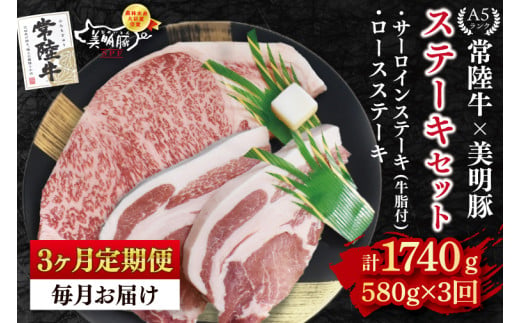【3ヶ月定期便【常陸牛 A5ランク・美明豚ステーキセット】常陸牛サーロインステーキ300g＋美明豚ロースステーキ280g（140g×２枚） 冷凍 国産牛 和牛 牛肉 豚肉　ブランド豚 茨城県 水戸市 