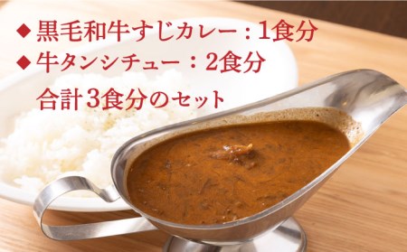 【全3回定期便】 黒毛和牛 牛すじカレー ＆ 牛タンシチュー 3食セット 《長与町》【炭火焼肉あおい】 [EBW007]