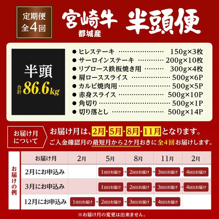 ≪4回お届け≫宮崎牛半頭定期便〔T2500-4-N4-011-half〕_(都城市)