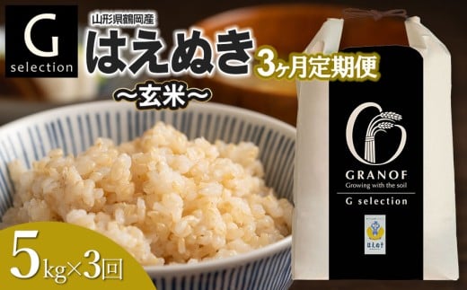 【令和7年産】【新米】【定期便3ヶ月】 Gセレクション はえぬき「玄米」 5kg (5kg×1)×3ヶ月 山形県鶴岡市産　株式会社グラノフ