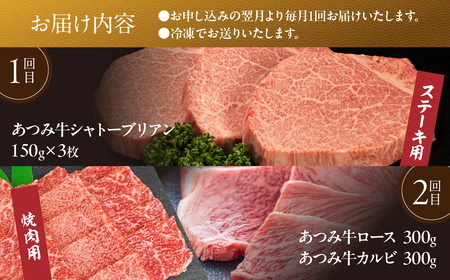 超厳選!あつみ牛希少部位定期便 4回お届け あつみ牛 牛 牛肉 シャトーブリアン ロース カルビ サーロイン 赤身 焼肉 ステーキ 定期便 肉 サーロイン サーロインステーキ ステーキ 田原市 渥美フ