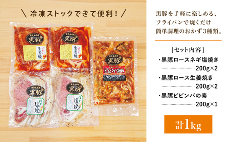 【鹿児島県産】焼くだけ簡単！3種の味が楽しめる味付け黒豚セット1kg（ネギ塩、生姜焼き、ビビンバ） 焼肉 総菜 おかず 簡単調理 お弁当 味付き ネギ塩 生姜焼き ビビンバ 小分け 冷凍 国産 黒豚 
