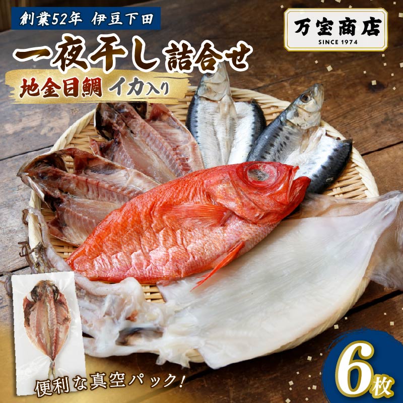 干物 伊豆 下田 ひもの万宝 の 一夜干し 詰め合わせ 地金目鯛 イカ 入り 6枚 セット 詰合せ 干物セット 下田地金目鯛 金目鯛 真アジ いわし 真イワシ いか 塩干し 金目鯛 干物専門店 冷凍 静岡 伊豆 下田 万宝商店 PTS084-00010