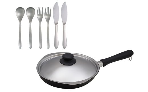 マグマプレート加工フライパン25cm蓋付き & ♯1250 ディナースプーン2本 & ディナーフォーク2本 & ディナーナイフ2点 セット (ecoBOX) FC022095