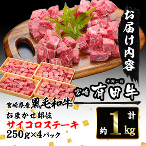 宮崎黒毛和牛おまかせ部位サイコロステーキ(計1kg・250g×4)【AR006】【(有)有田牧畜産業 食肉加工センター】