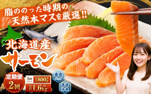 【2回定期便】 北海道産サーモン 計約1.6kg （約200g×4パック）×2回 サーモン 本マス マス 天然 新鮮 塩締め 急速凍結 小分け 冷凍