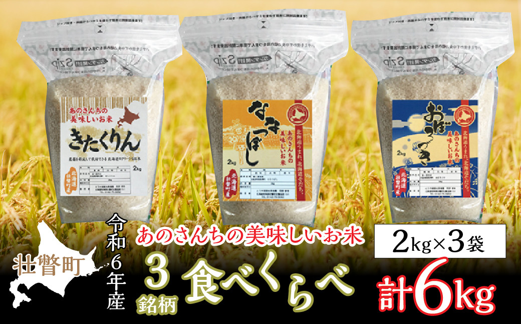 
◎令和６年産米 新米 2024年10月上旬よりお届け◎あのさんちの美味しいお米 3銘柄たべくらべ　計6kg 【 ふるさと納税 人気 おすすめ ランキング 米 こめ 精米 白米 ご飯 ごはん ななつぼし きたくりん おぼろづき 北海道 壮瞥町 送料無料 】 SBTL012
