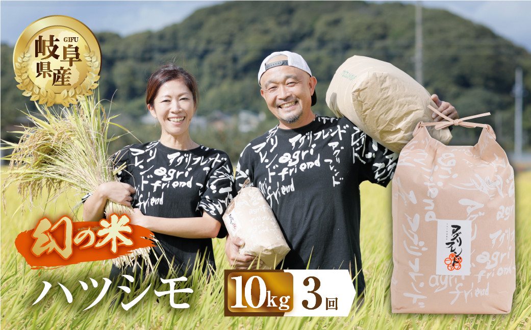 
                  【 3回 定期便 】 令和8年産 ハツシモ 10kg × 3回 3か月 米 こめ ごはん 白米 岐阜県産 本巣市 お米 精米 甘い 和食 寿司 アグリフレンドホリグチ
                