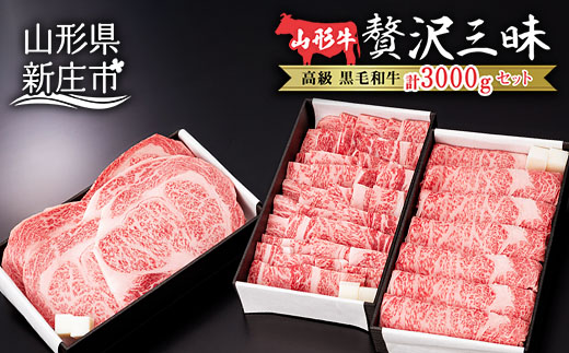 産地直送 山形牛 ロースステーキ・焼肉用・すき焼き用 セット 合計3000g（ステーキ200g×5、焼肉用1000g、すき焼き用1000g） にく 肉 お肉 牛肉 山形県 新庄市 F3S-0983