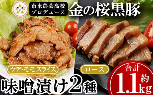 焼くだけ！金の桜黒豚 2種の味噌漬け 1.1kg ロース味噌漬け 300g（100g×3P）と ウデ・モモ スライス 味噌漬け 840g（280×3P）冷凍 小分け の 国産 鹿児島県産 焼くだけ で お手軽 おかず 豚肉 味噌漬け【A-1406H】