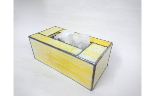 ステンドグラスのボックスティッシュケース(高さ10cm)マーブルイエロー[52217188]