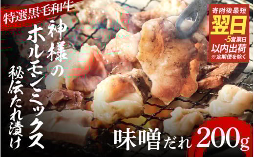 【 スピード発送 】【 特選 黒毛和牛 】 神様のホルモンミックス 秘伝たれ漬け  200g（味噌だれ1p）