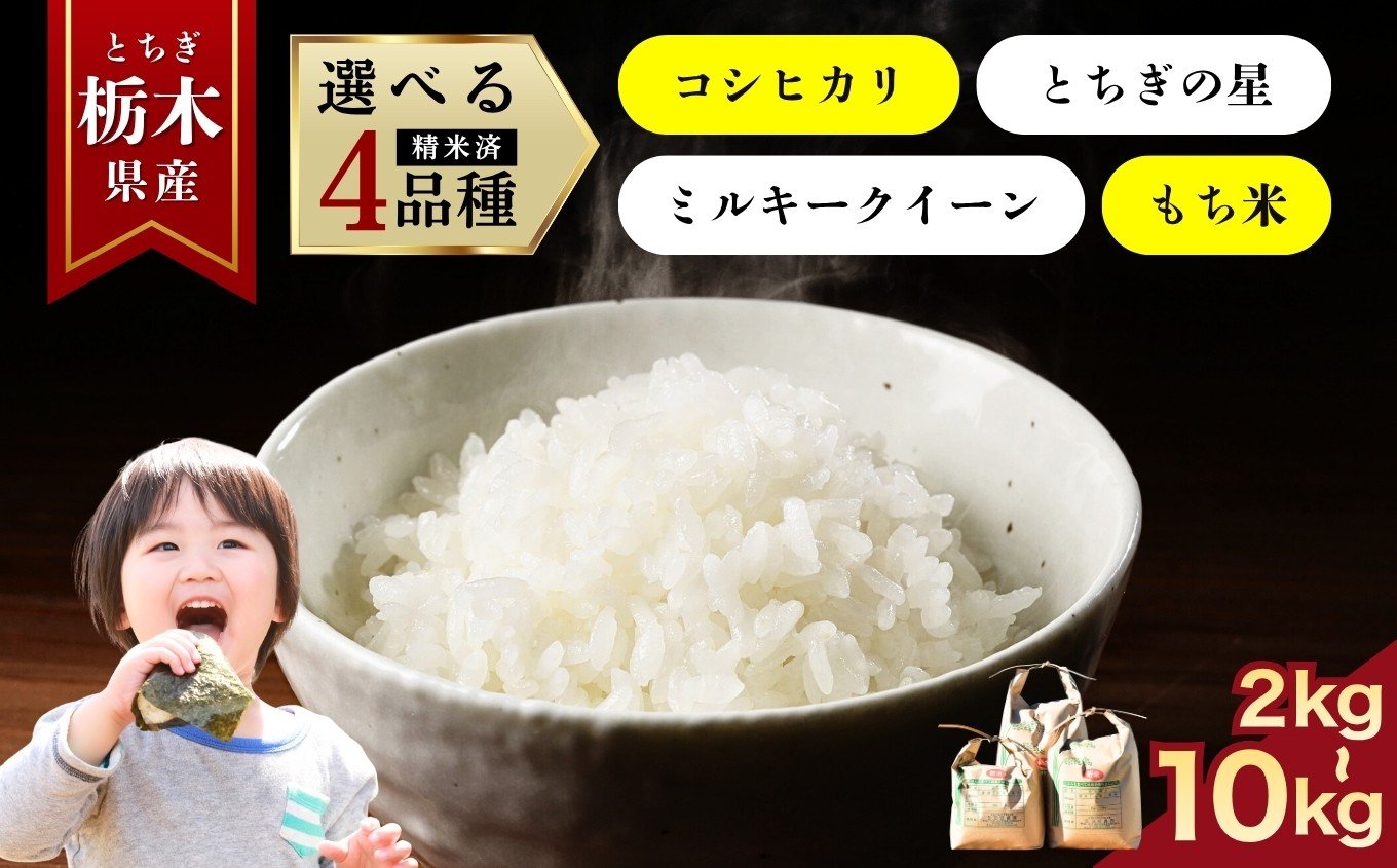 
            【選べる品種】【選べるグラム数】こしひかり とちぎの星 ミルキークイーン きぬはなもち(もち米) | 選べる容量 2kg 3kg 5kg 10kg | お米 米 もち米 ミルキークイーン きぬはなもち とちぎの星 コシヒカリ こしひかり 美味しい お弁当 選べる 定期便 ふるさと 納税 栃木県 矢板市
          