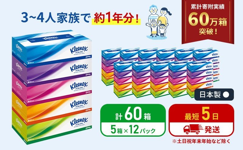 【 最短発送 】ティッシュ クリネックス 60箱 ( 5箱 × 12パック ) ティッシュ