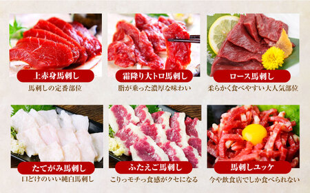 【全3回定期便】熊本県産馬刺し 計400g ( 赤身 霜降り 各100g タテガミ フタエゴ ユッケ ヒレ刺し 各50g ) 専用醤油付き 国産馬刺し定期便 馬刺し定期便 馬刺し定期便 定期便 馬刺し