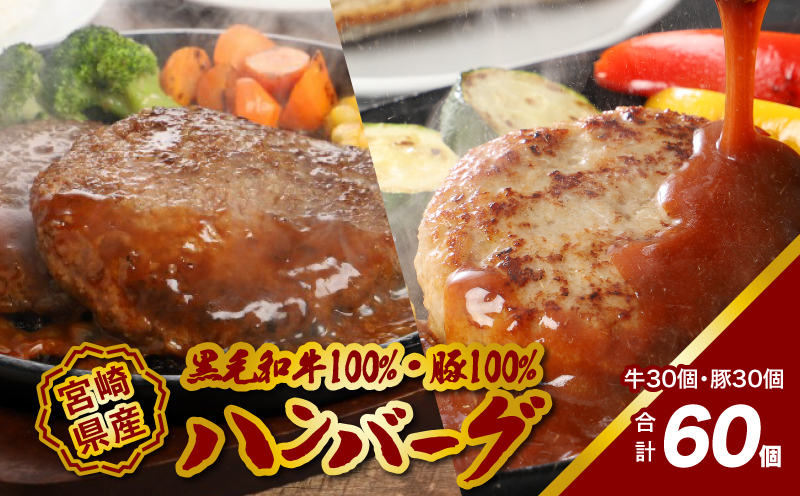 宮崎県産黒毛和牛100%ハンバーグ30個宮崎県産「自社ブランド豚」山豚100%ハンバーグ30個セット K16_0159